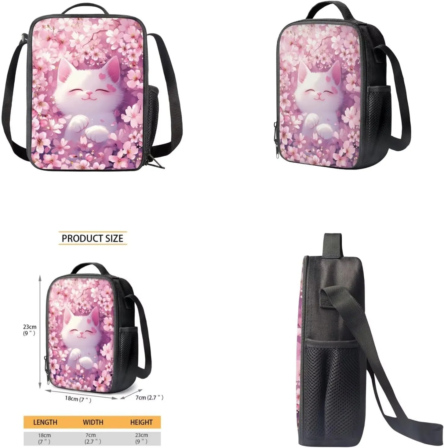 Cherry Blossom Cat Cute Bookbags for School Backpack for Girls 8-10 Multifunctional Kids School Bag with Lunch Box Pencil Case Bottle Sleeve 4 in 1 Kawaii Backpacks for Elementary Girls