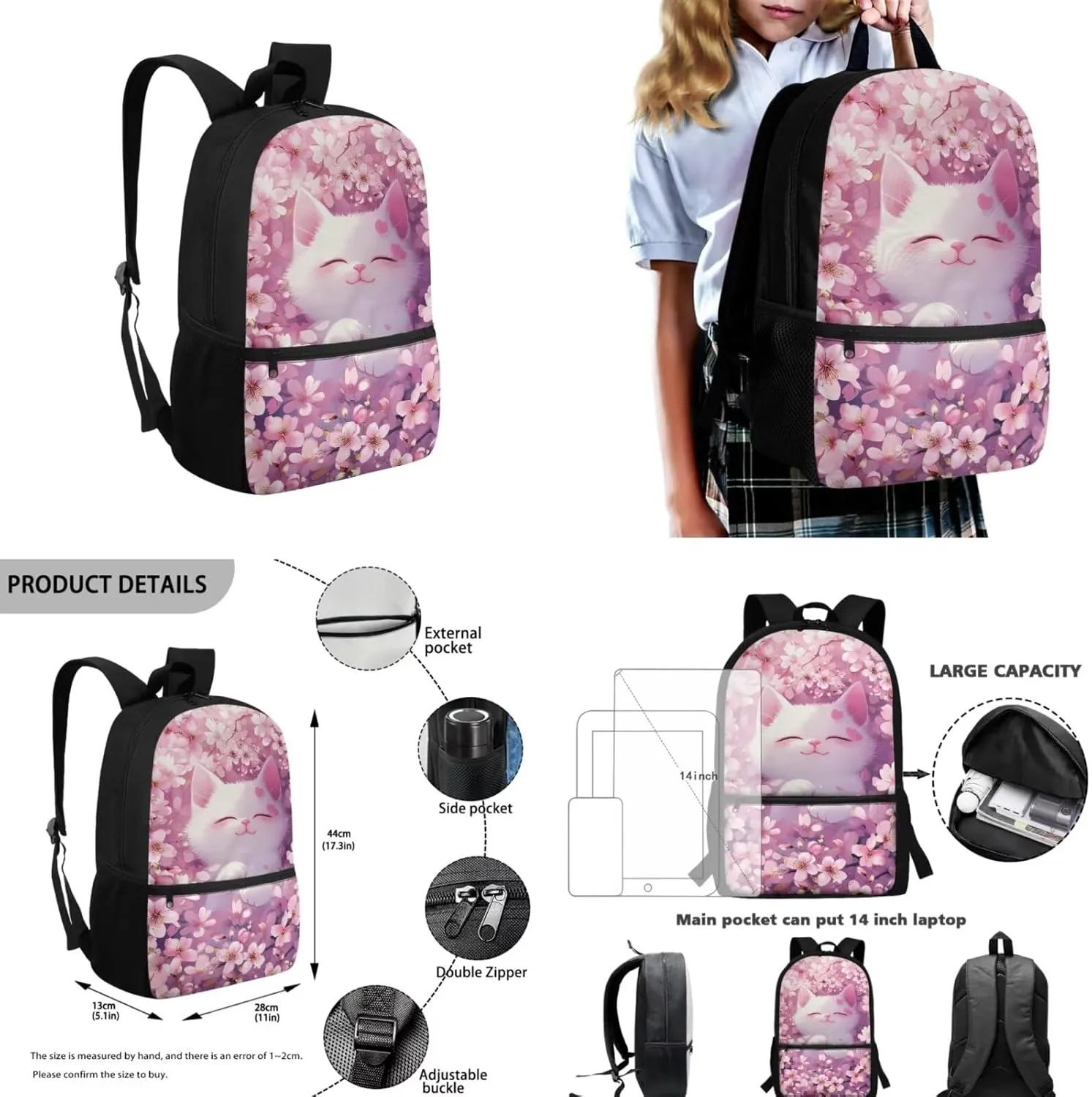 Cherry Blossom Cat Cute Bookbags for School Backpack for Girls 8-10 Multifunctional Kids School Bag with Lunch Box Pencil Case Bottle Sleeve 4 in 1 Kawaii Backpacks for Elementary Girls