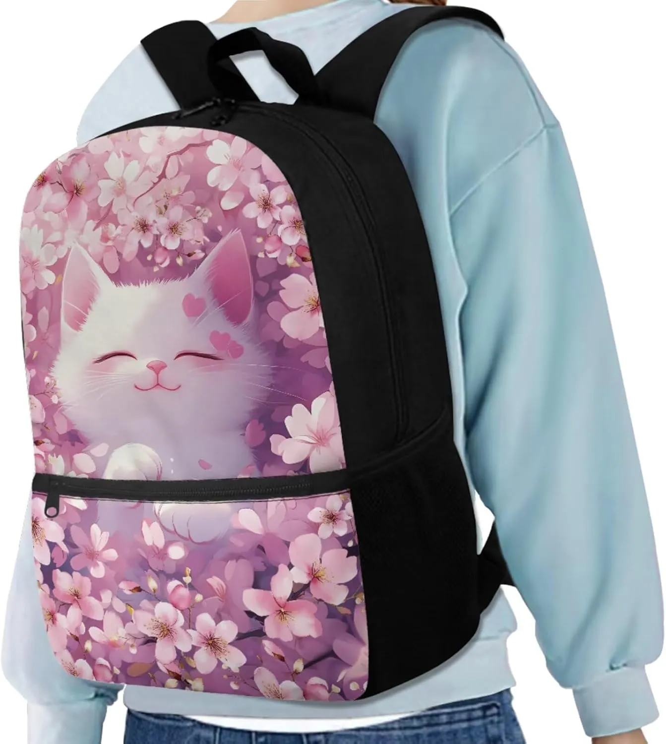 Cherry Blossom Cat Cute Bookbags for School Backpack for Girls 8-10 Multifunctional Kids School Bag with Lunch Box Pencil Case Bottle Sleeve 4 in 1 Kawaii Backpacks for Elementary Girls
