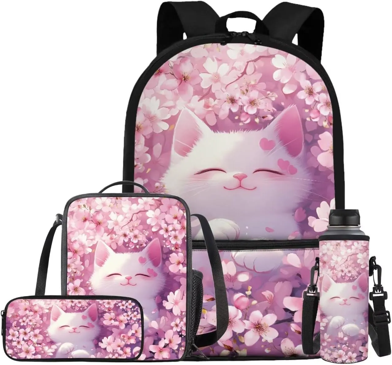 Cherry Blossom Cat Cute Bookbags for School Backpack for Girls 8-10 Multifunctional Kids School Bag with Lunch Box Pencil Case Bottle Sleeve 4 in 1 Kawaii Backpacks for Elementary Girls
