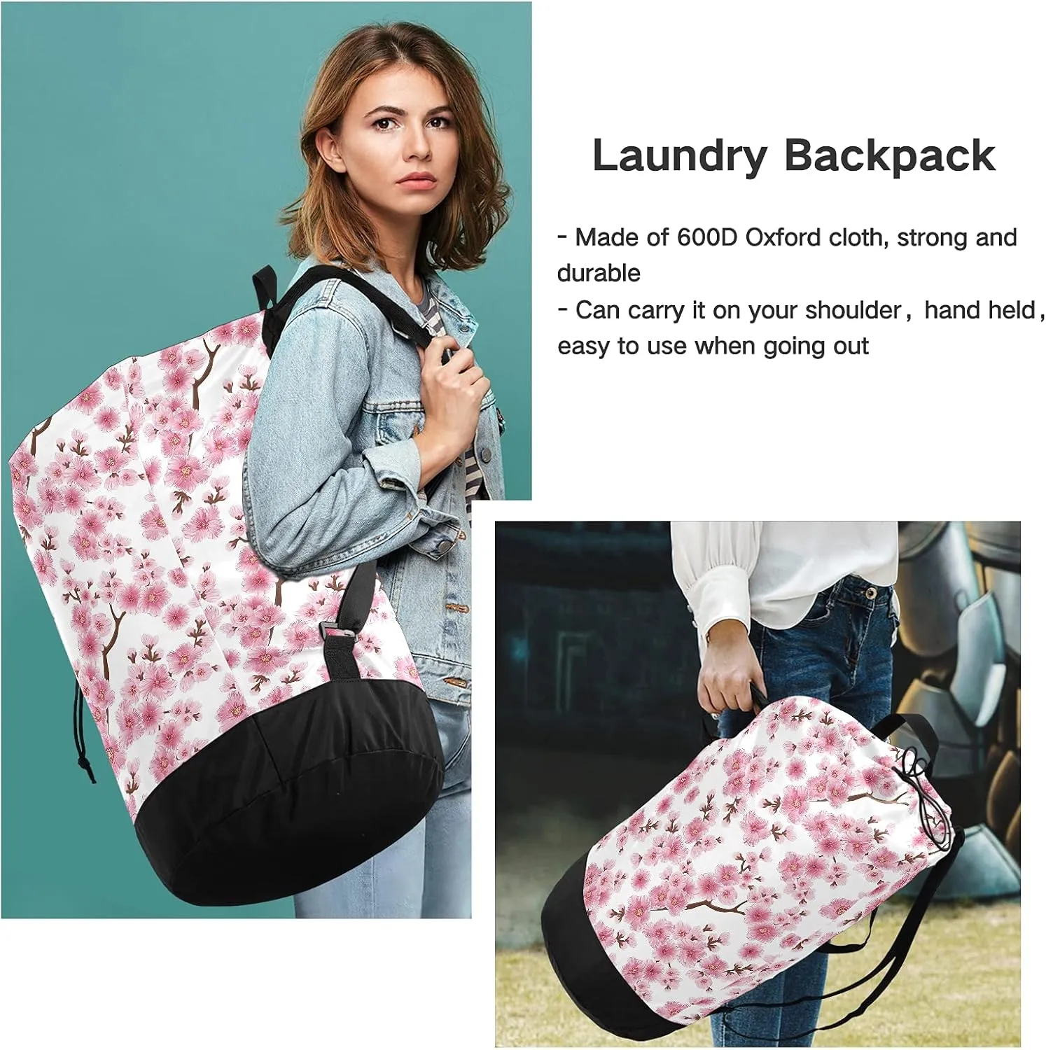 Cherry Blossom Laundry Bag Large Heavy Duty Laundry Backpack with Adjustable Shoulder Straps for Traveling Dirty Clothes Organizer for College Students Waterproof Pink