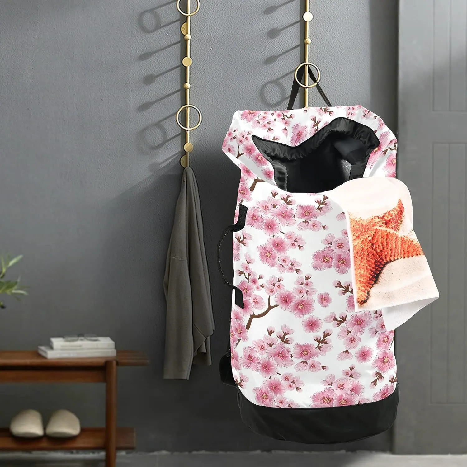 Cherry Blossom Laundry Bag Large Heavy Duty Laundry Backpack with Adjustable Shoulder Straps for Traveling Dirty Clothes Organizer for College Students Waterproof Pink