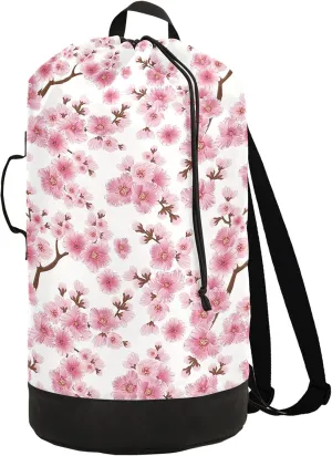 Cherry Blossom Laundry Bag Large Heavy Duty Laundry Backpack with Adjustable Shoulder Straps for Traveling Dirty Clothes Organizer for College Students Waterproof Pink