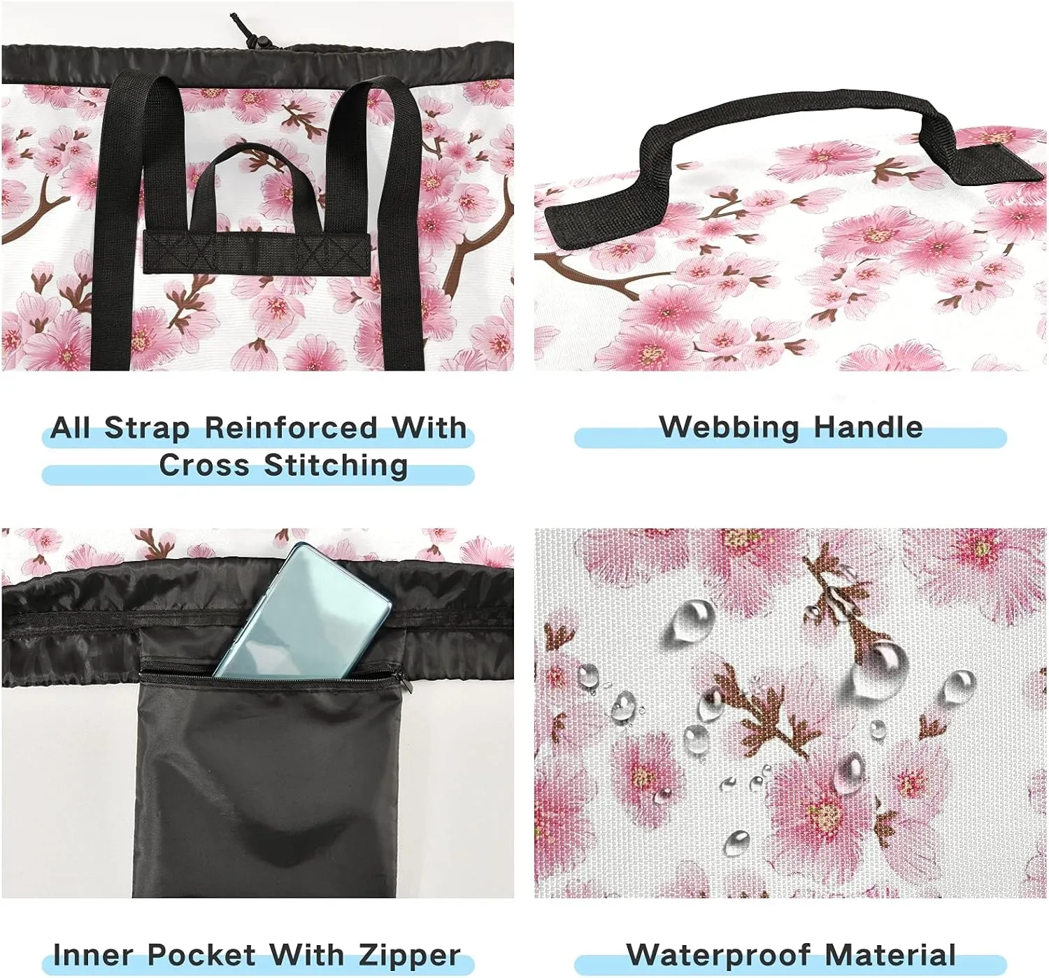 Cherry Blossom Laundry Bag Large Heavy Duty Laundry Backpack with Adjustable Shoulder Straps for Traveling Dirty Clothes Organizer for College Students Waterproof Pink