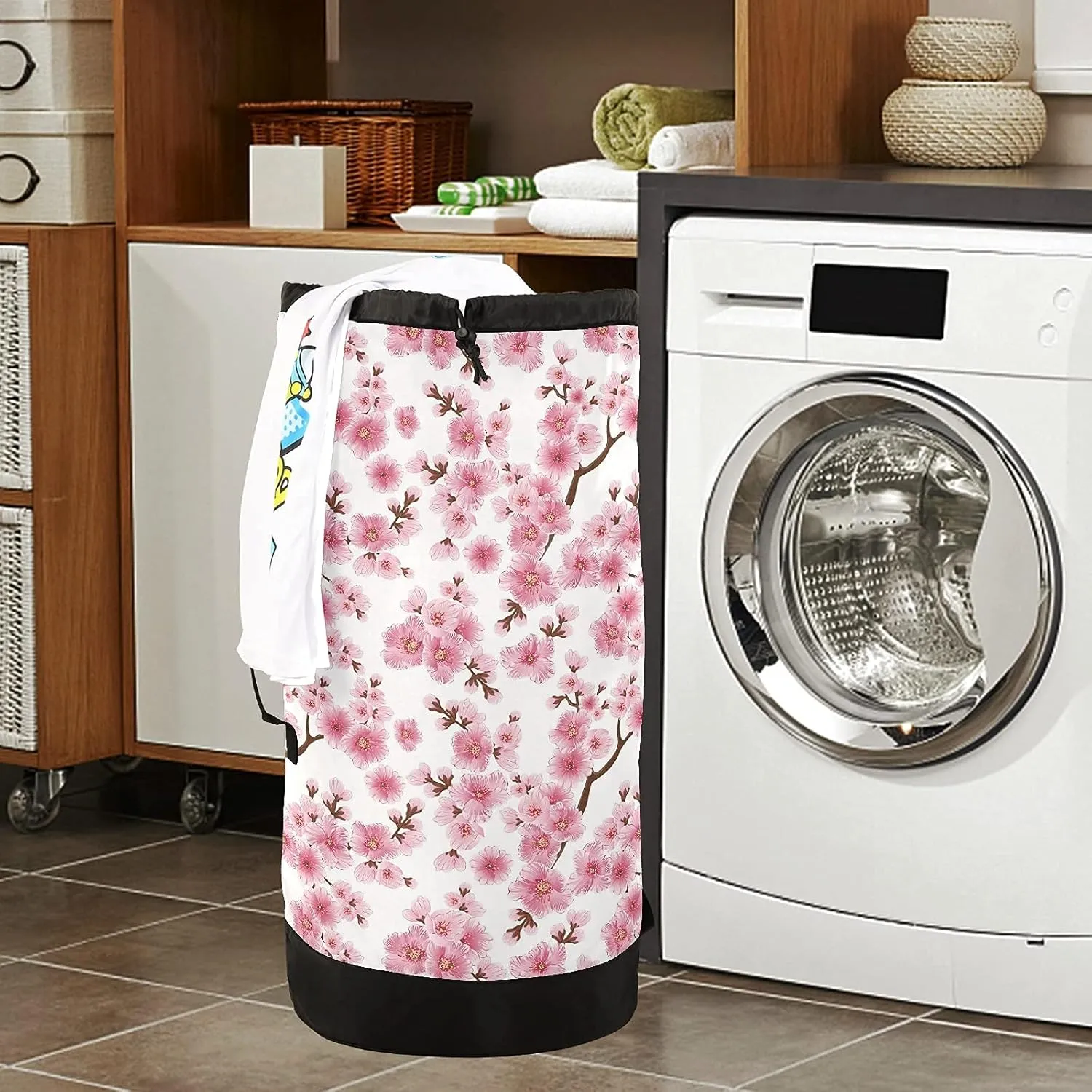Cherry Blossom Laundry Bag Large Heavy Duty Laundry Backpack with Adjustable Shoulder Straps for Traveling Dirty Clothes Organizer for College Students Waterproof Pink