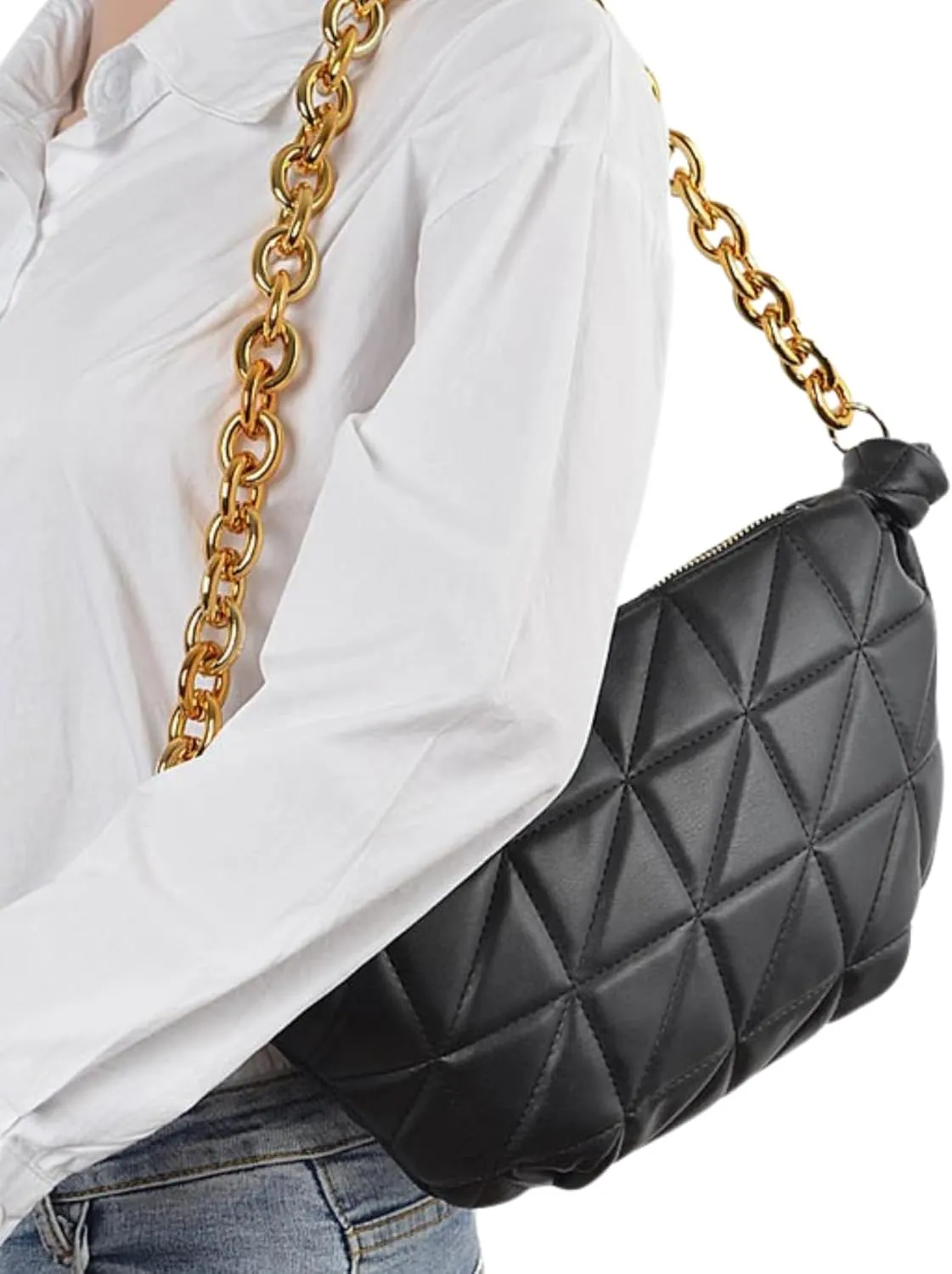 Chic Quilted Crossbody Hobo Shoulder Bag for Women Trendy Chunky Gold Chain Shoulder Purse, Stylish PU Leather Handbag