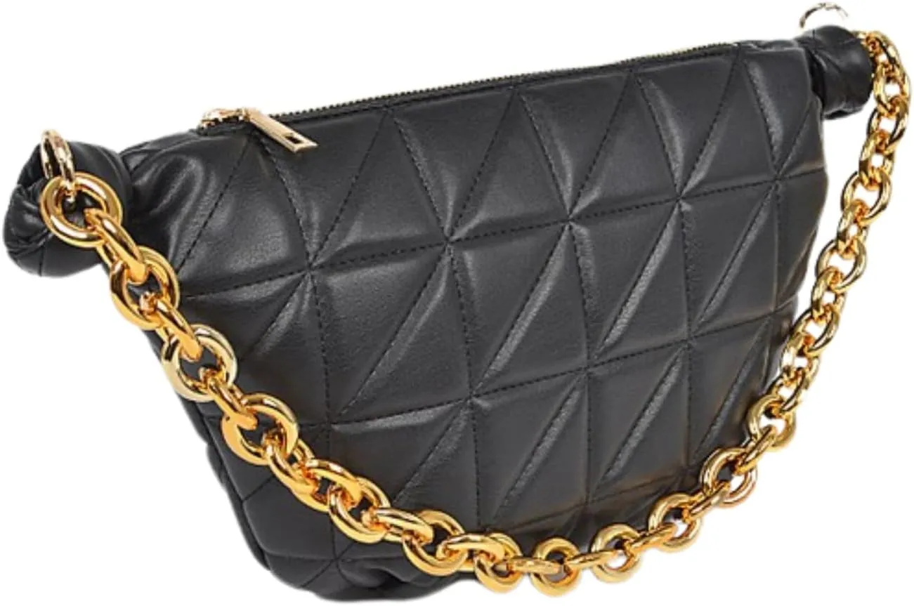Chic Quilted Crossbody Hobo Shoulder Bag for Women Trendy Chunky Gold Chain Shoulder Purse, Stylish PU Leather Handbag