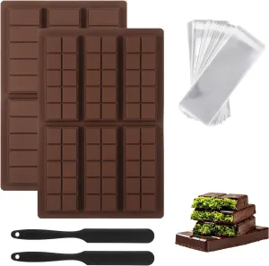 Chocolate Bar Mold, 2 Non-Stick Deep Silicone Chocolate Molds for Dubai Chocolate Bar Kit with 200Pcs Bags 2 Spatulas, Food Grade Flexible Dishwasher Safe Candy Bar Mold for Knafeh Pistachio