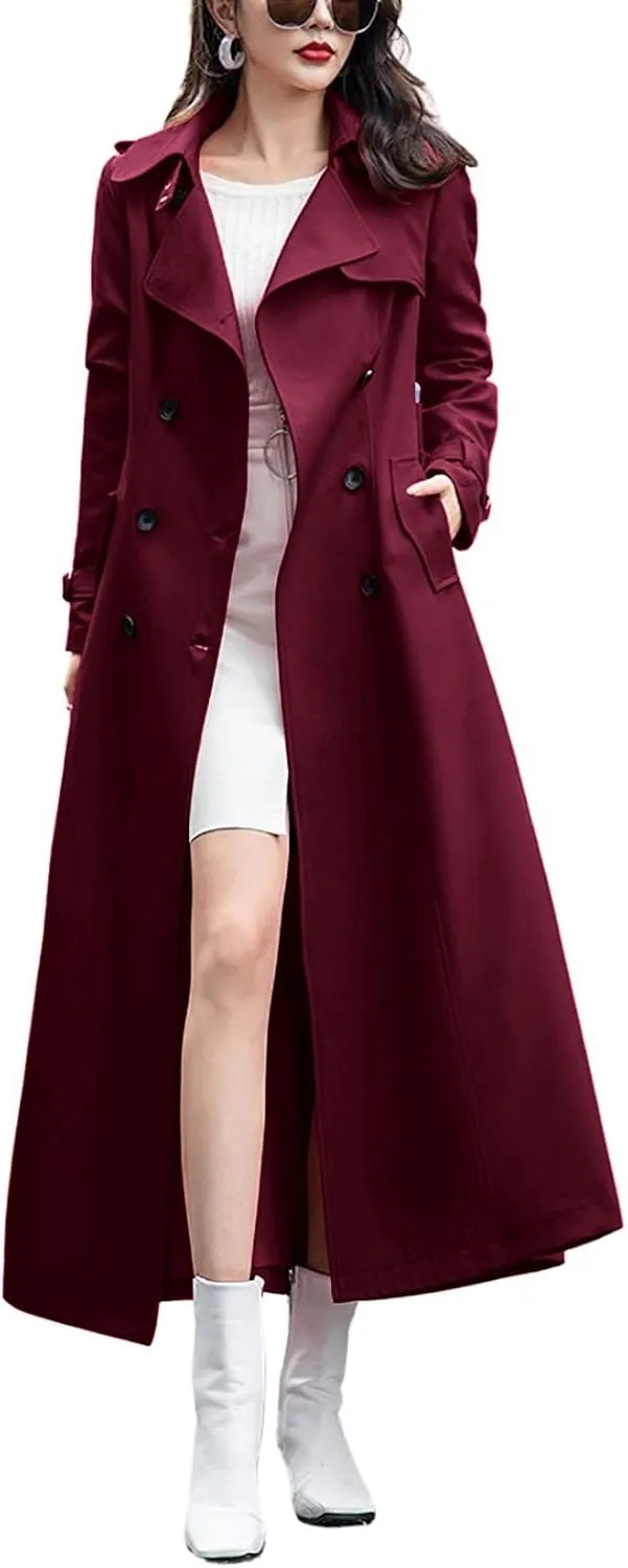 chouyatou Women's Fall Dressy Office Double Breasted Maxi Long Trench Coat Overcoat
