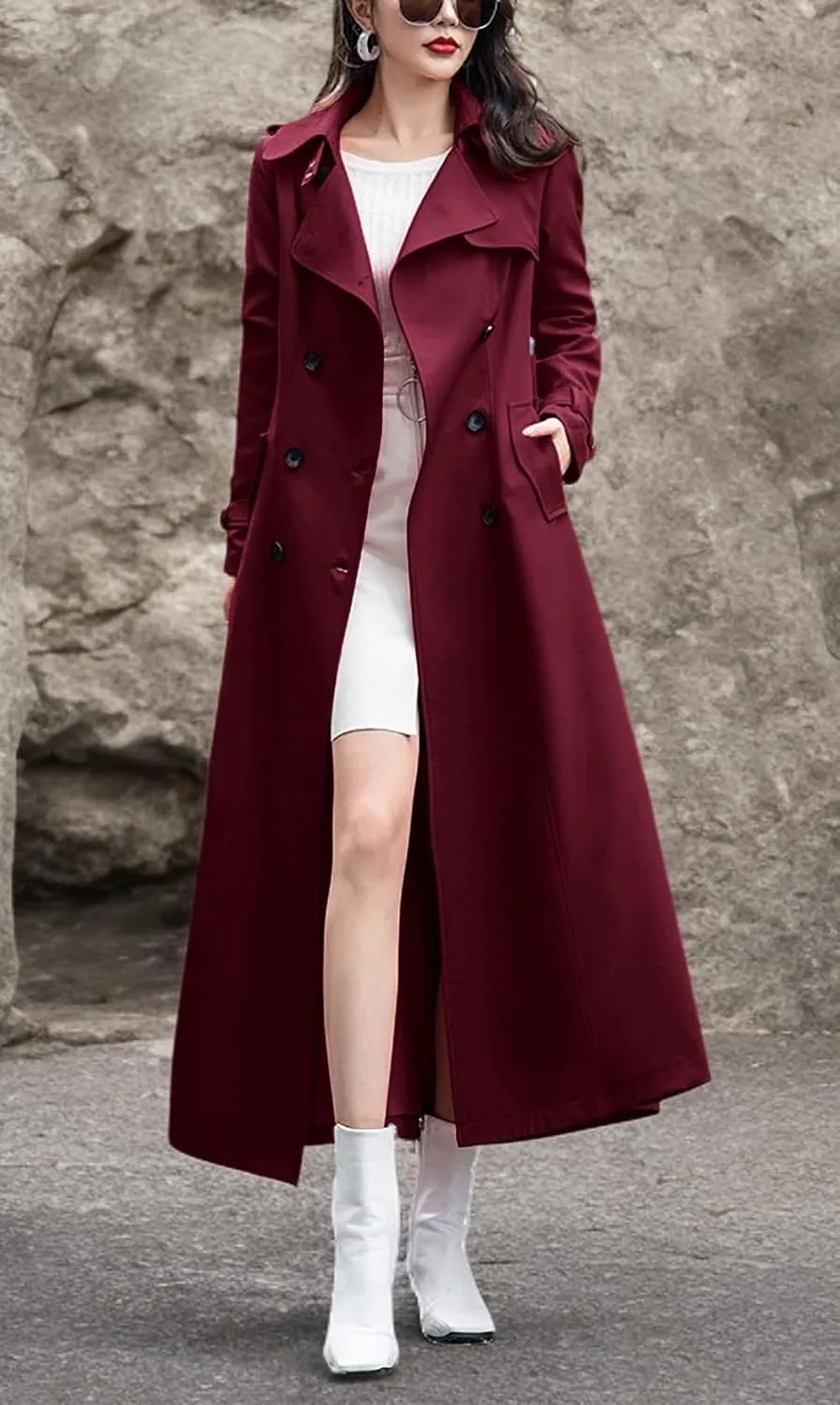 chouyatou Women's Fall Dressy Office Double Breasted Maxi Long Trench Coat Overcoat