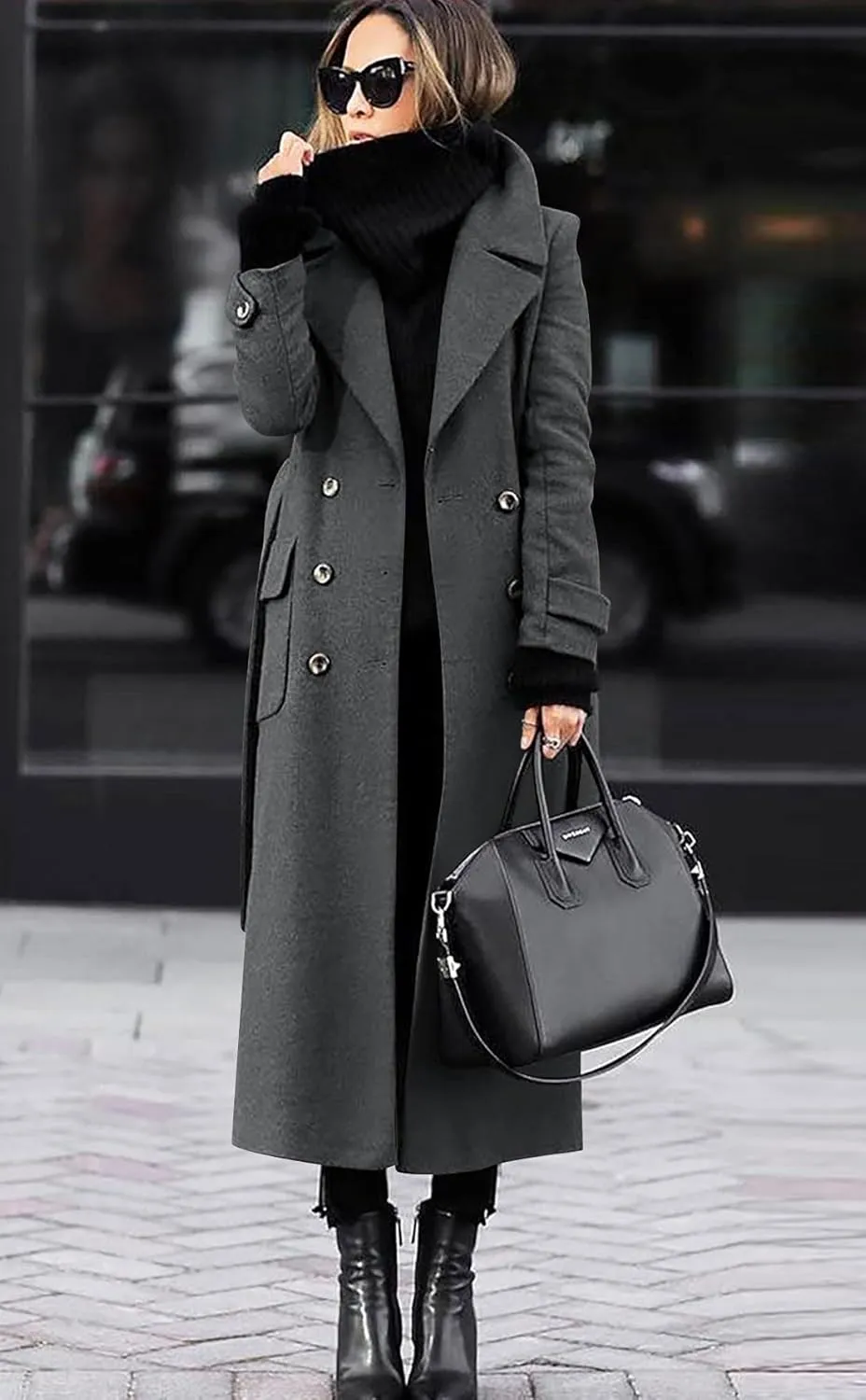 chouyatou Women's Winter Double Breasted Wool Coat Business Casual Long Winter Pea Coat with Belt