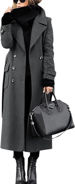 chouyatou Women's Winter Double Breasted Wool Coat Business Casual Long Winter Pea Coat with Belt