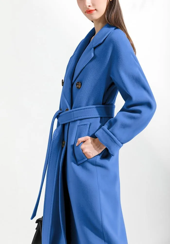 chouyatou Women's Winter Double Breasted Wool Coat Business Casual Midi Long Winter Trench Coat with Belt