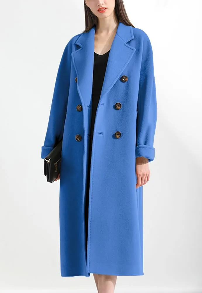 chouyatou Women's Winter Double Breasted Wool Coat Business Casual Midi Long Winter Trench Coat with Belt