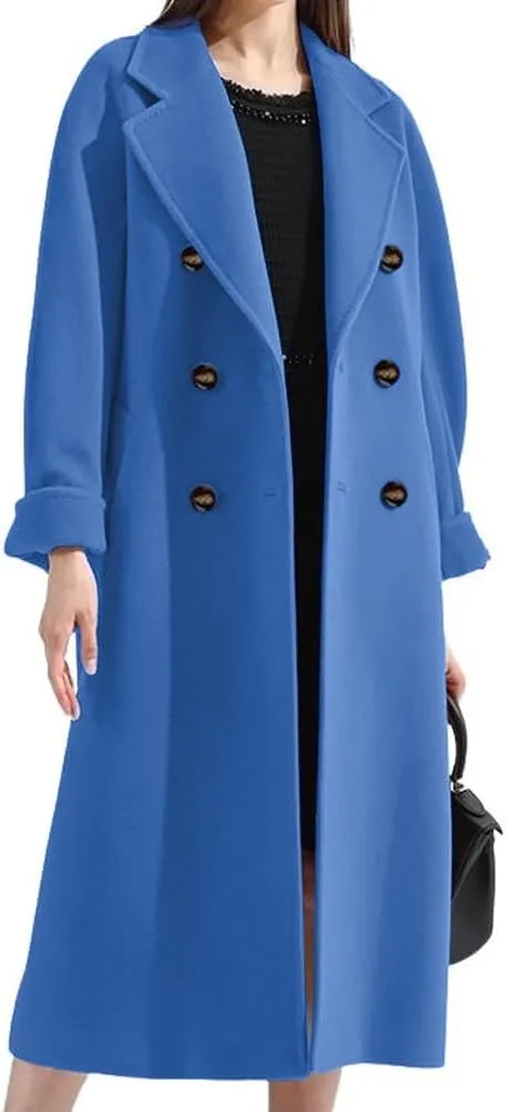 chouyatou Women's Winter Double Breasted Wool Coat Business Casual Midi Long Winter Trench Coat with Belt