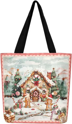 Christmas Canvas Tote Bag for Women,Winter Snowman Snowflake Nutcracker Ballet Gingerbread Tote Bag Xmas Gifts