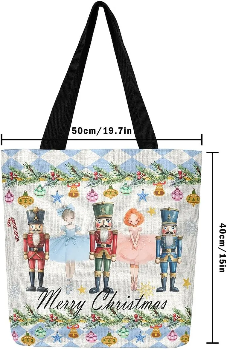 Christmas Canvas Tote Bag for Women,Winter Snowman Snowflake Nutcracker Ballet Gingerbread Tote Bag Xmas Gifts