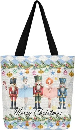 Christmas Canvas Tote Bag for Women,Winter Snowman Snowflake Nutcracker Ballet Gingerbread Tote Bag Xmas Gifts
