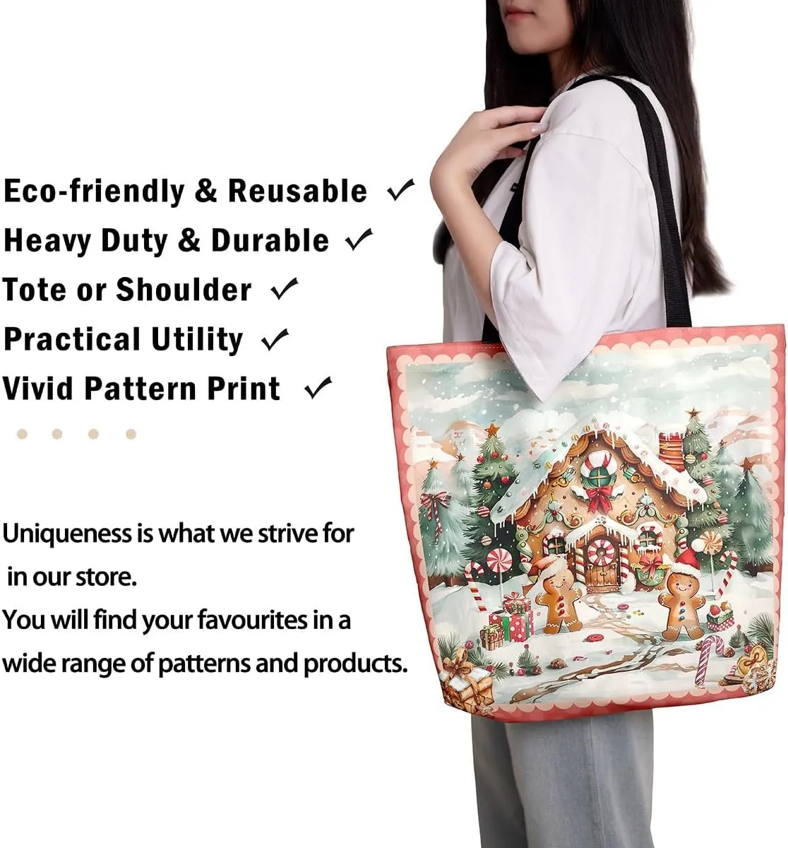 Christmas Canvas Tote Bag for Women,Winter Snowman Snowflake Nutcracker Ballet Gingerbread Tote Bag Xmas Gifts