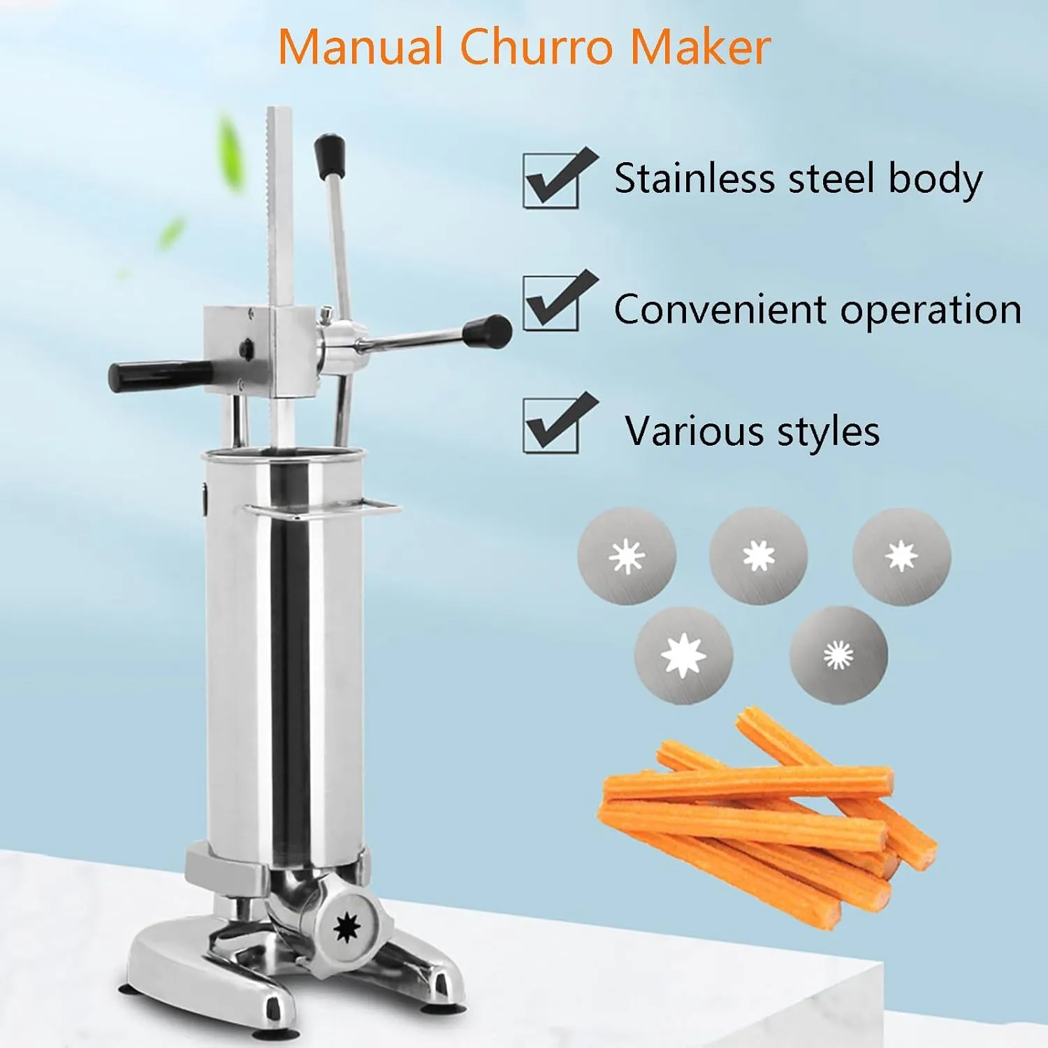 Churros Maker Machine, Manual Churro Maker Stainless Steel Churro Making Kit Includes 5pcs Nozzles, Commercial Churrera Churro Maker for Deep Fry Churros,3L