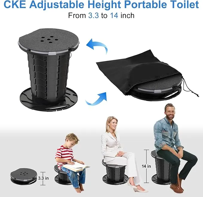 CKE Upgraded Retractable Portable Toilet for Camping with Soft PU Cushion, 300LBS Folding Toilet Adjustable Height Camping Toilet for Adults Kids, Portable Potty Travel Foldable Toilet for Camping/Car