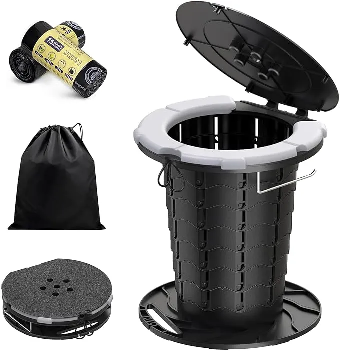 CKE Upgraded Retractable Portable Toilet for Camping with Soft PU Cushion, 300LBS Folding Toilet Adjustable Height Camping Toilet for Adults Kids, Portable Potty Travel Foldable Toilet for Camping/Car