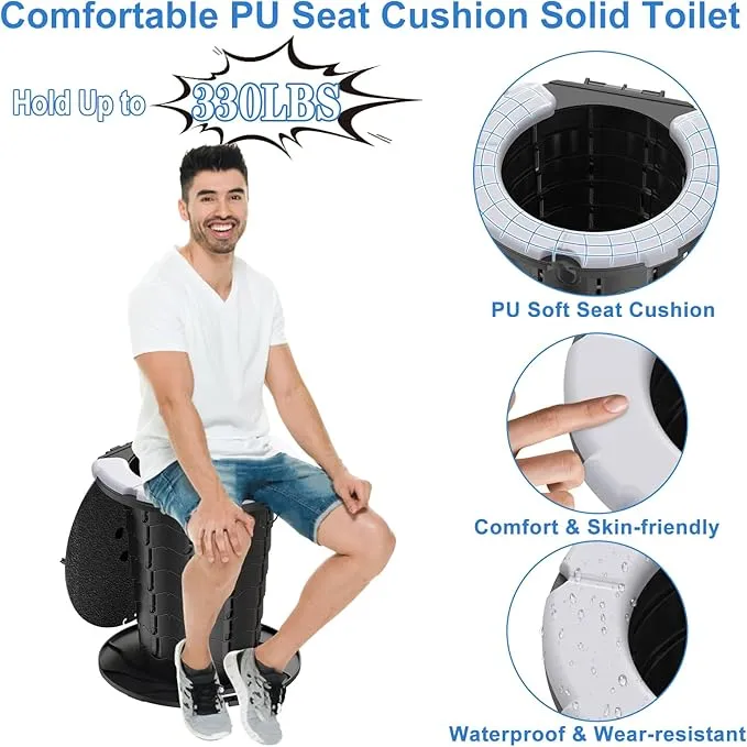 CKE Upgraded Retractable Portable Toilet for Camping with Soft PU Cushion, 300LBS Folding Toilet Adjustable Height Camping Toilet for Adults Kids, Portable Potty Travel Foldable Toilet for Camping/Car
