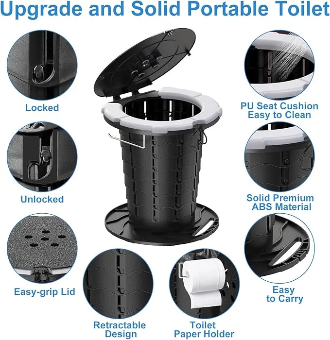 CKE Upgraded Retractable Portable Toilet for Camping with Soft PU Cushion, 300LBS Folding Toilet Adjustable Height Camping Toilet for Adults Kids, Portable Potty Travel Foldable Toilet for Camping/Car
