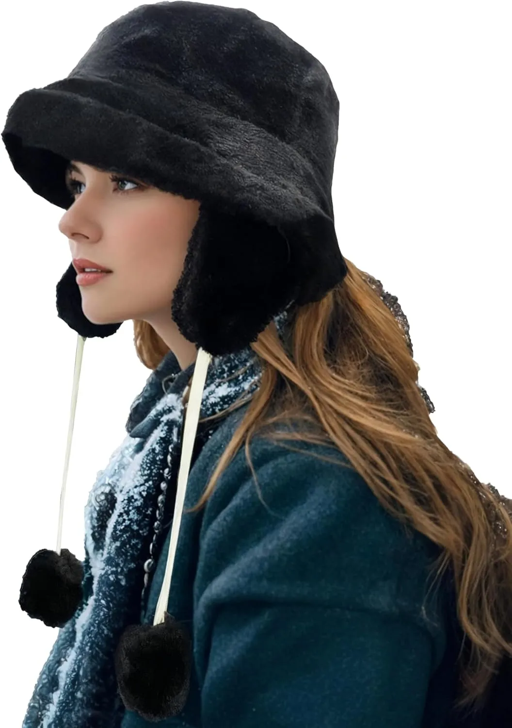 Clakllie Winter Bucket Hat with Earflaps Fuzzy Fishing Hat Warm Beach Sun Hat Wide Brim Fisherman Cap for Women Travel Hat