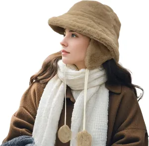 Clakllie Winter Bucket Hat with Earflaps Fuzzy Fishing Hat Warm Beach Sun Hat Wide Brim Fisherman Cap for Women Travel Hat