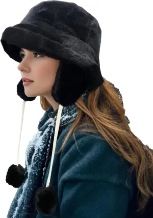 Clakllie Winter Bucket Hat with Earflaps Fuzzy Fishing Hat Warm Beach Sun Hat Wide Brim Fisherman Cap for Women Travel Hat