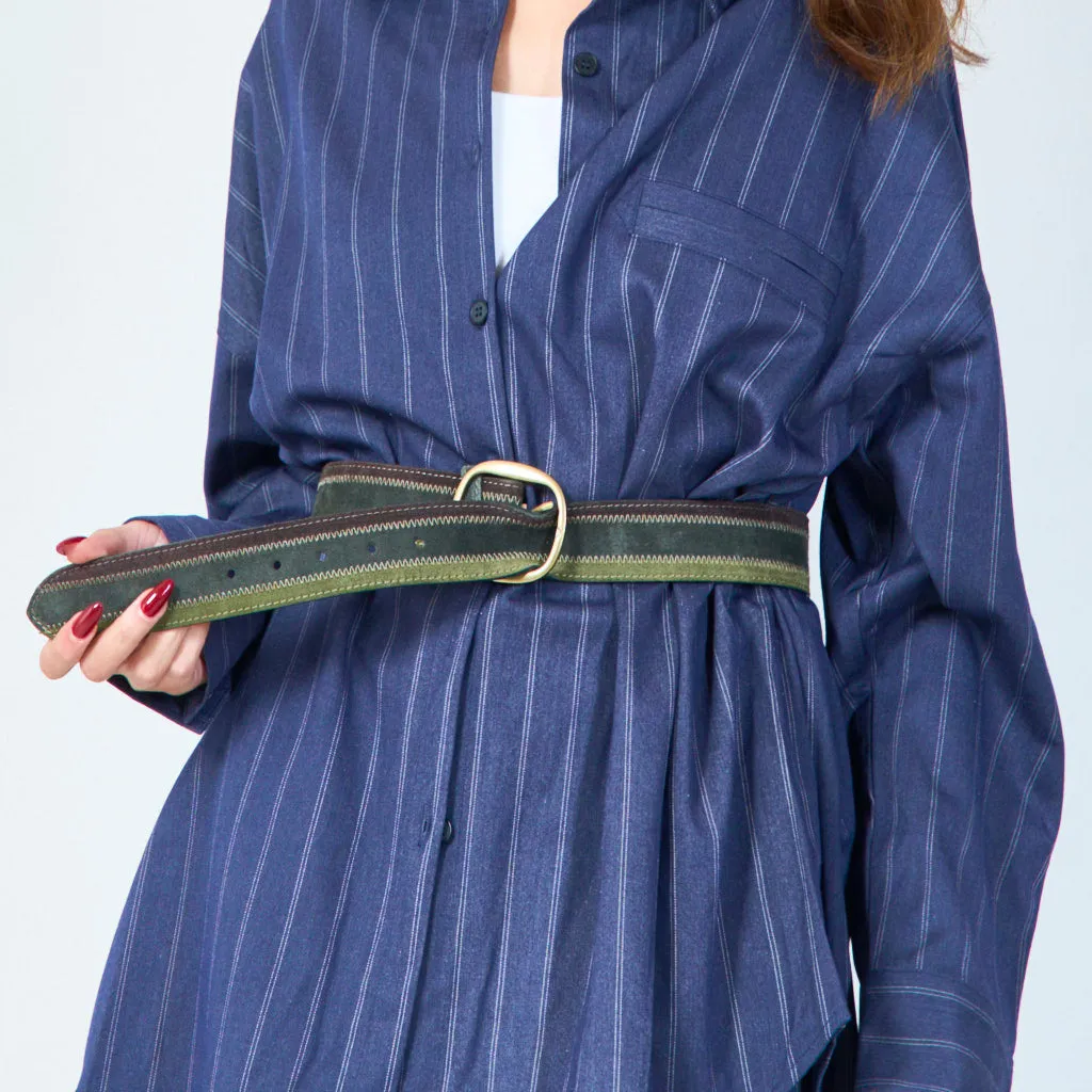 Classic striped leather belt with gold buckle wholesale