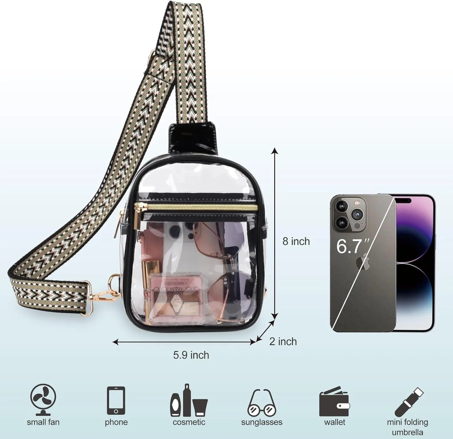 Clear Sling Bag - Stadium Approved Fanny Pack for Women & Men - Transparent Crossbody Bag with Adjustable Guitar Straps for Sports, Beach, Events, Concerts, Festivals