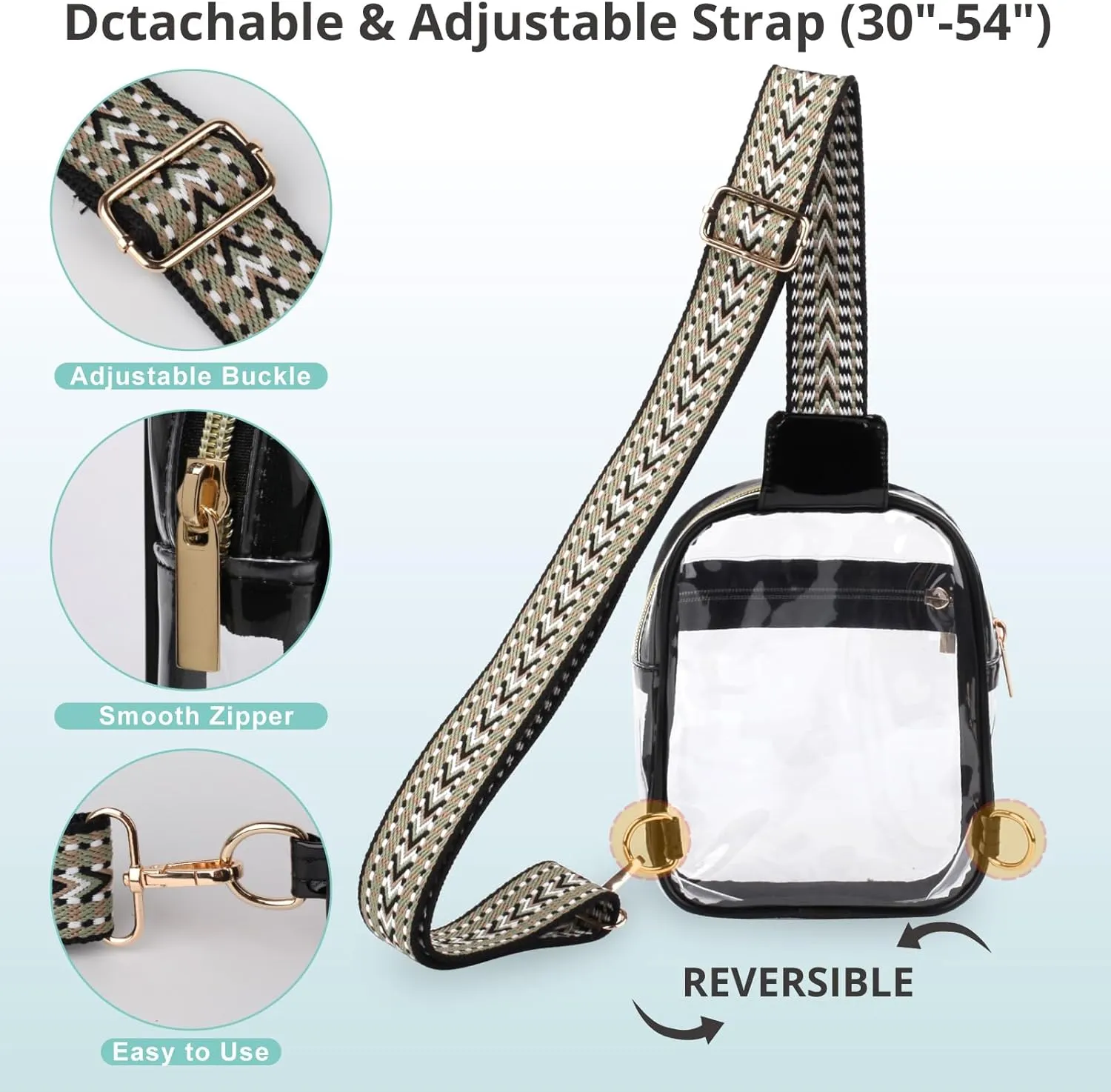 Clear Sling Bag - Stadium Approved Fanny Pack for Women & Men - Transparent Crossbody Bag with Adjustable Guitar Straps for Sports, Beach, Events, Concerts, Festivals