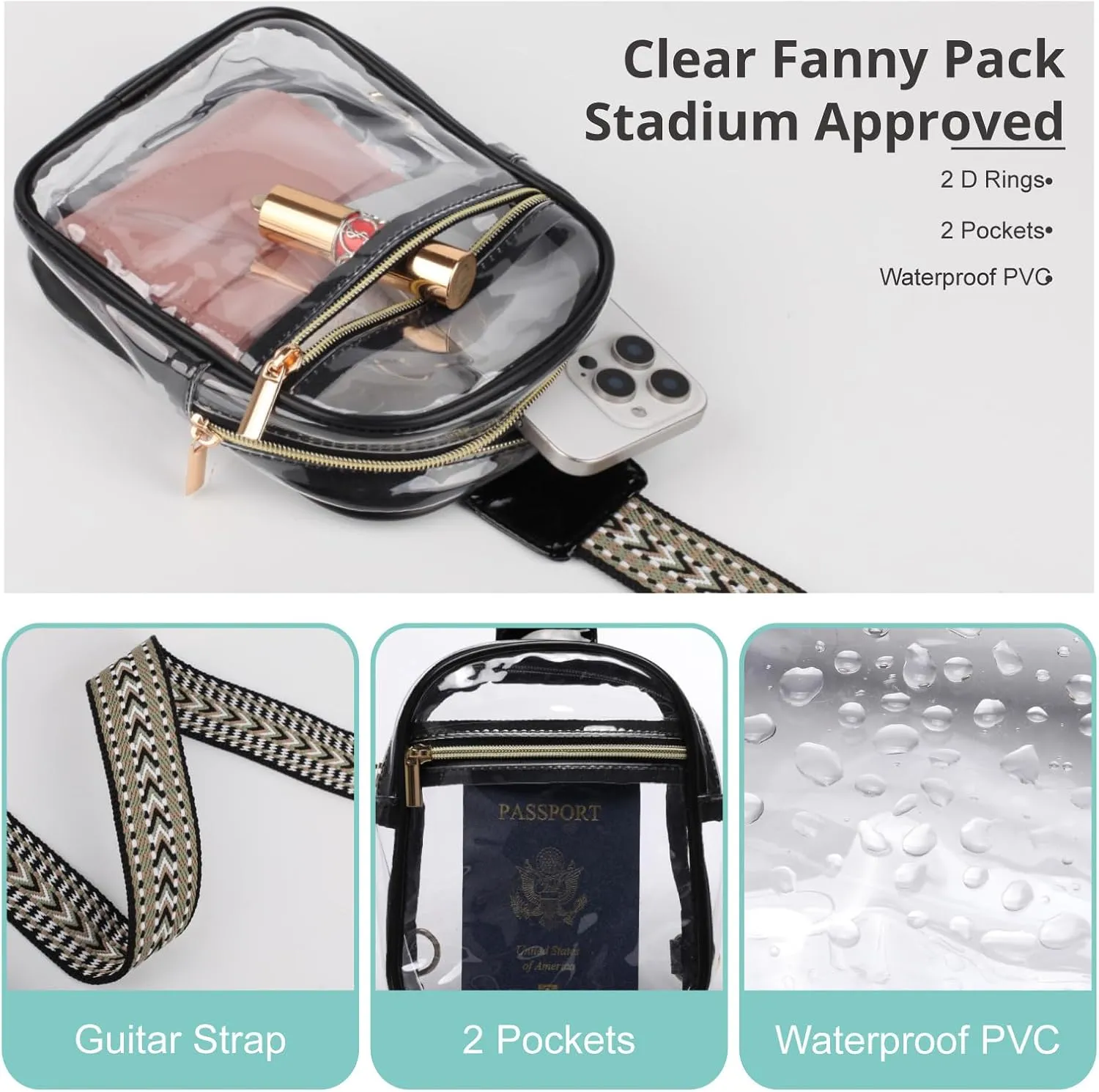 Clear Sling Bag - Stadium Approved Fanny Pack for Women & Men - Transparent Crossbody Bag with Adjustable Guitar Straps for Sports, Beach, Events, Concerts, Festivals