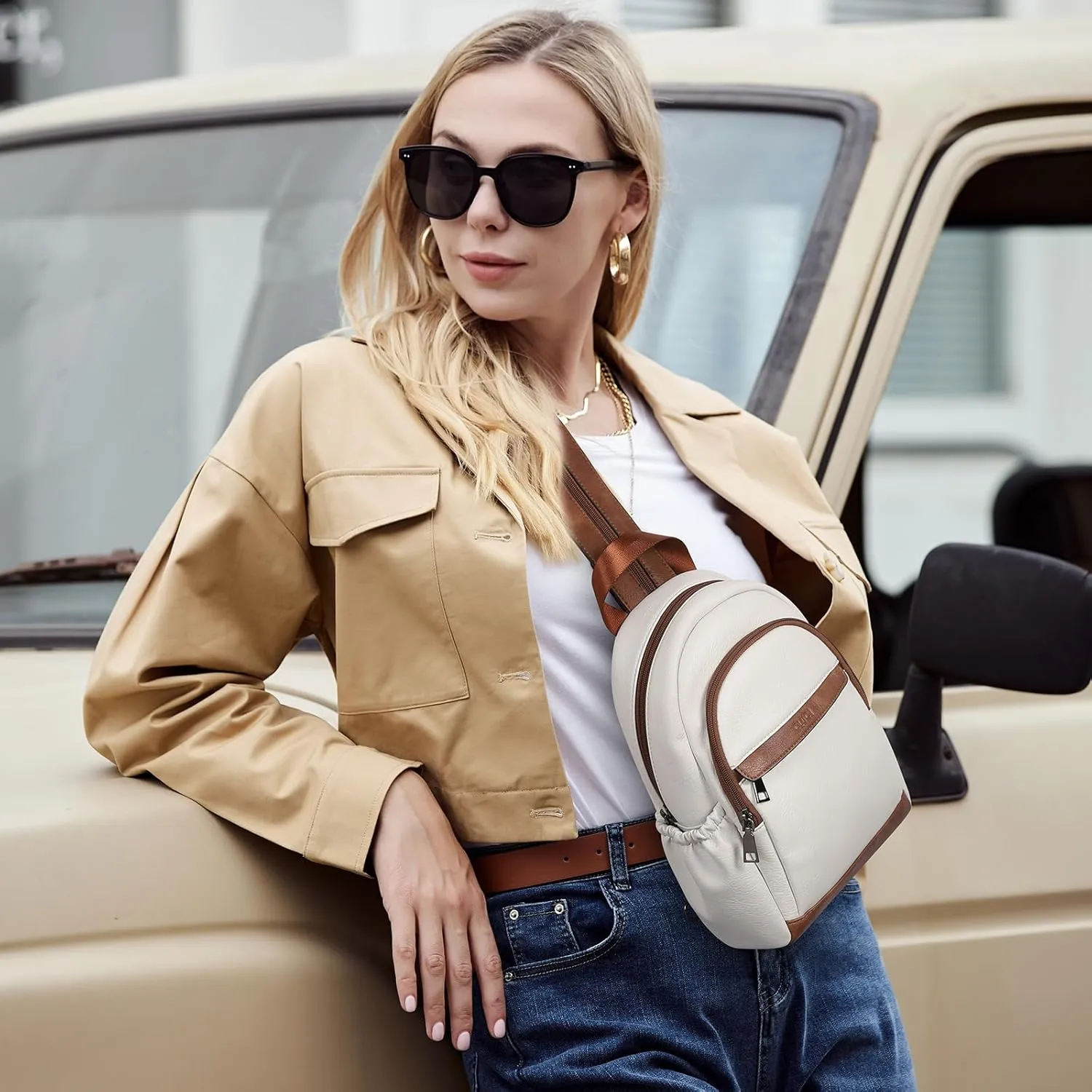 CLUCI Leather Sling Backpack for Women - Small Convertible Crossbody Bag for Travel