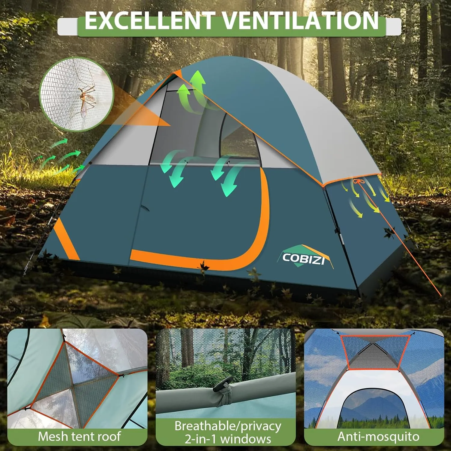 COBIZI Tents for Camping 4/6 Person Camping Tent with Rainfly and Screen, Easy Setup Lightweight Portable Waterproof Outdoor Tent with Carry Bag for Backpacking, Hiking, Family Travel