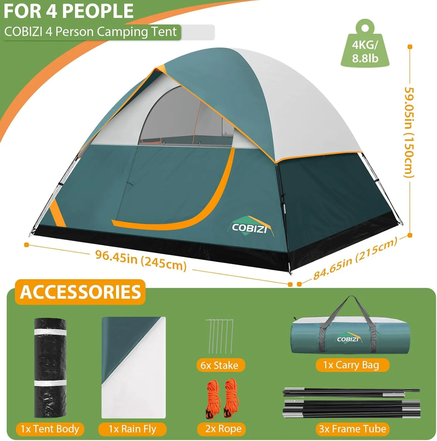 COBIZI Tents for Camping 4/6 Person Camping Tent with Rainfly and Screen, Easy Setup Lightweight Portable Waterproof Outdoor Tent with Carry Bag for Backpacking, Hiking, Family Travel