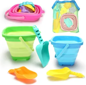 Collapsible Beach Sand Toys for Kids - Travel Beach Toys with 3 Collapsible Beach Buckets,3 Beach Shovels, 4 Sand Molds, Mesh Bags,Sand Bucket Shovel Set Sandbox
