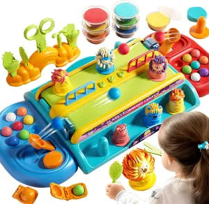 Color Dough Haircut Play Set for Kids, Hair Salon Barber Shop Pretend Play Toys, Electric Conveyor Light & Sound Battle Toys, Clay Tools Kit for Kids Toddlers Ages 3  (8 Cans Color Dough)