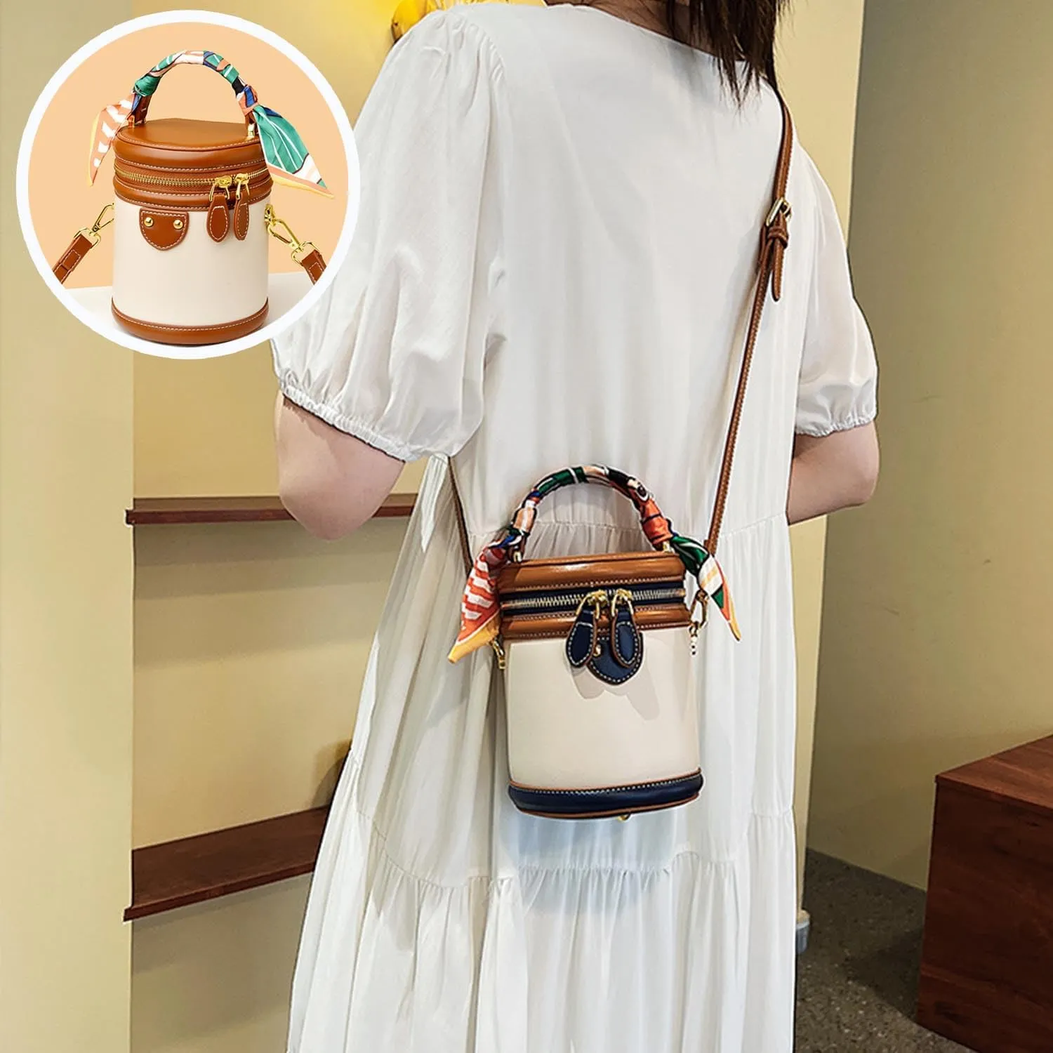 Colorblock Bucket Bag for Women, 2025 New Leather Fashion Versatile Colorblock Cylinder Bag, Women's Crossbody Bag