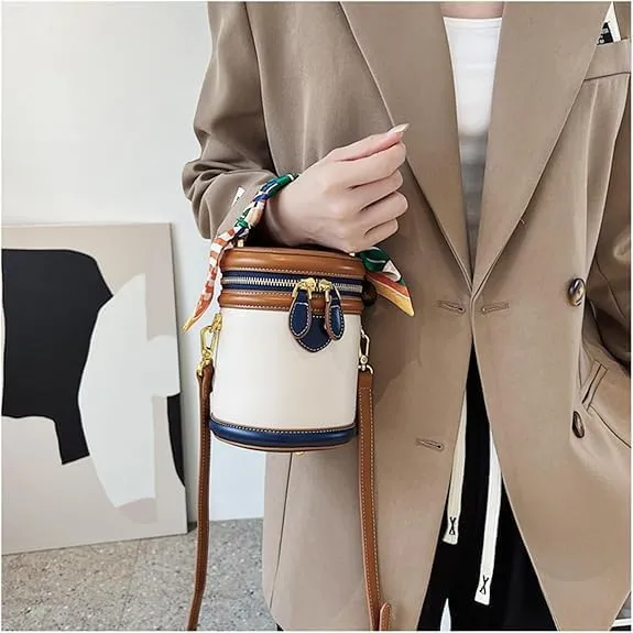 Colorblock Bucket Bag for Women, 2025 New Summer Cylinder Bag, Leather Bucket Crossbody, with Adjustable Strap