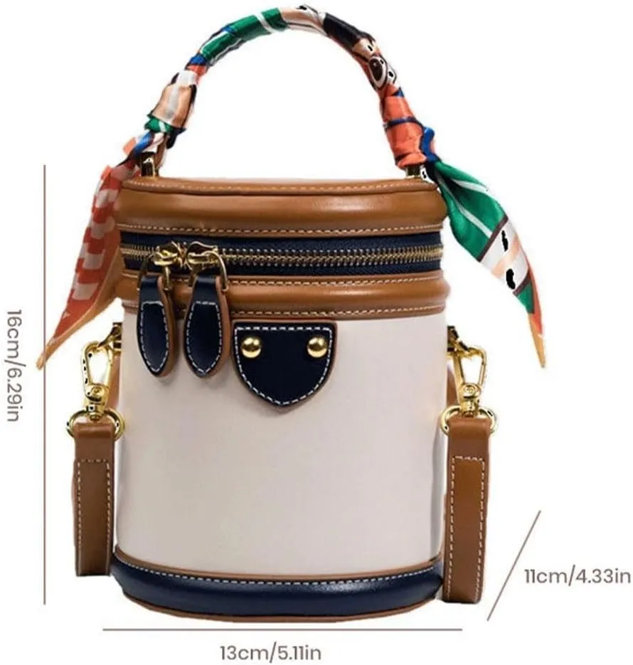 Colorblock Bucket Bag for Women, 2025 New Summer Cylinder Bag, Leather Bucket Crossbody, with Adjustable Strap