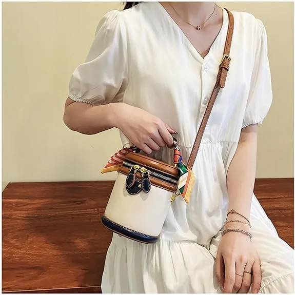 Colorblock Bucket Bag for Women, 2025 New Summer Cylinder Bag, Leather Bucket Crossbody, with Adjustable Strap