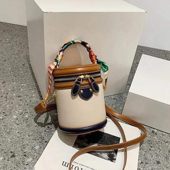 Colorblock Bucket Bag for Women, 2025 New Summer Cylinder Bag, Leather Bucket Crossbody, with Adjustable Strap