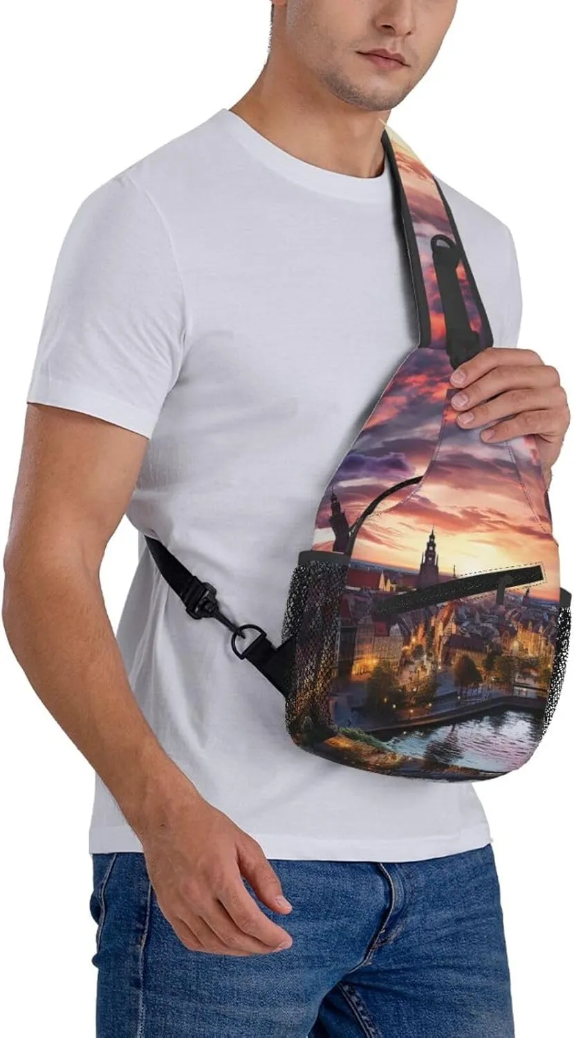 Colorful City Sunset Sling Bag Backpack For Men Cross Chest Bag Crossbody Shoulder Bag Travel Hiking Daypack