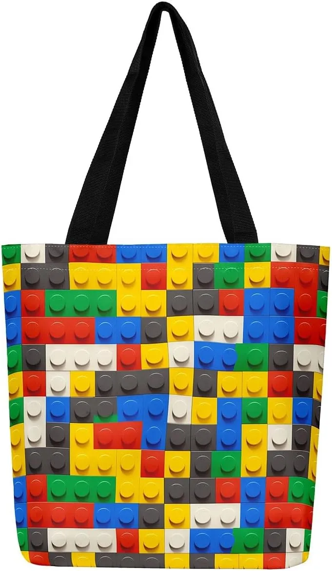 Construction Canvas Tote Bag,3D Building Blocks Duffle Bag Women Colorful Casual Reusable Handbag for Women