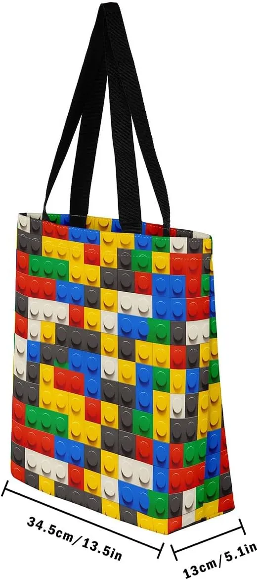 Construction Canvas Tote Bag,3D Building Blocks Duffle Bag Women Colorful Casual Reusable Handbag for Women