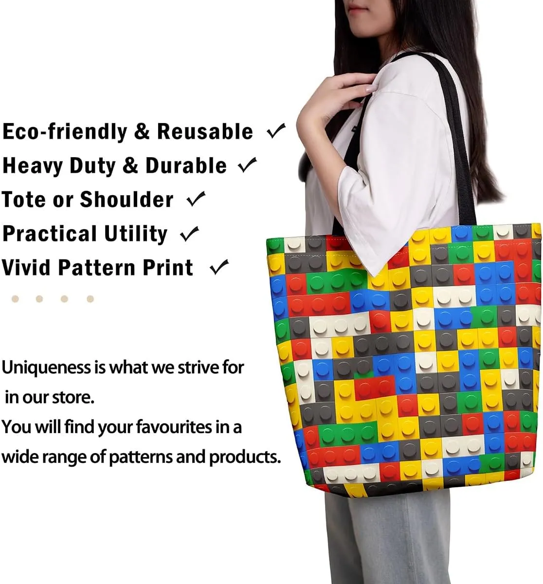 Construction Canvas Tote Bag,3D Building Blocks Duffle Bag Women Colorful Casual Reusable Handbag for Women