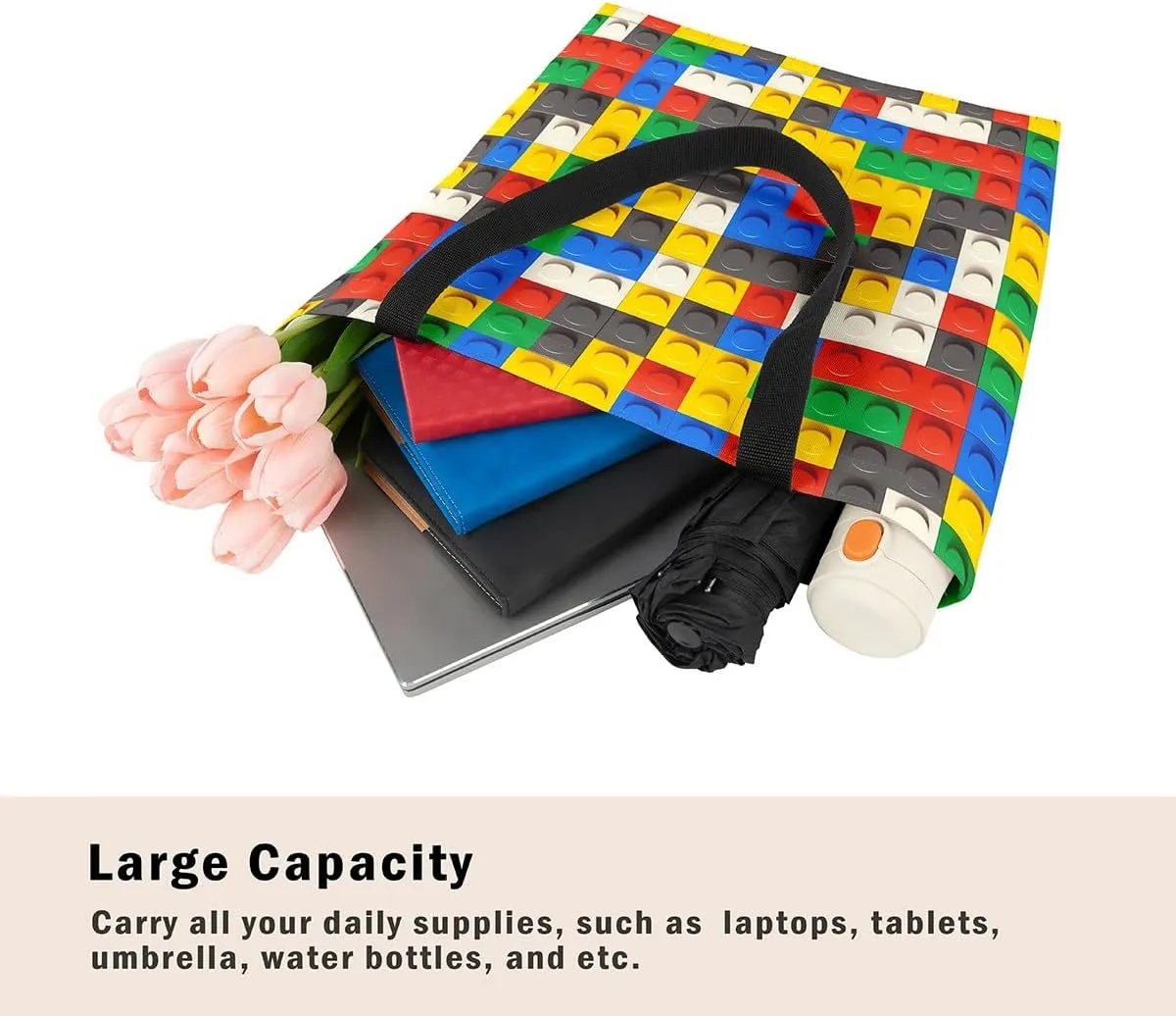 Construction Canvas Tote Bag,3D Building Blocks Duffle Bag Women Colorful Casual Reusable Handbag for Women